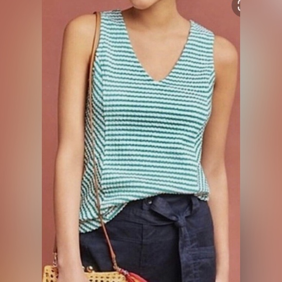 Maeve Tops - MAEVE Striped Textured Tank in Green and White Size Small